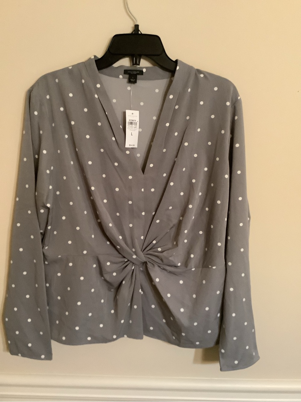 Ann Taylor Gray Polka Dot Twist-Front Long Sleeve Top